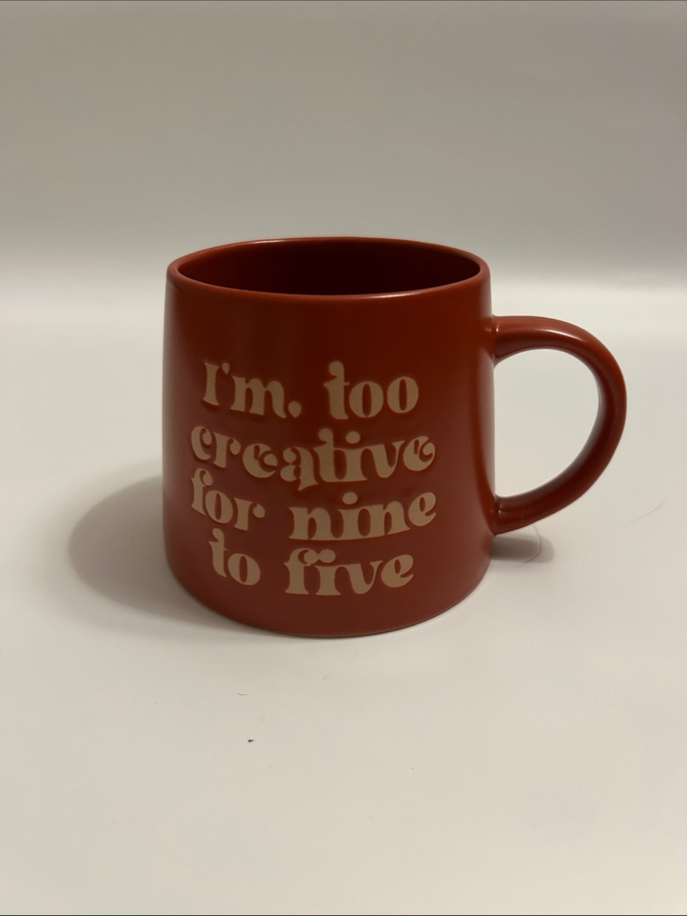 Boston Warehouse Rust Red Stoneware Mug with Cream Retro Text
